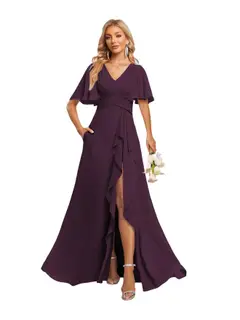 A-Line/Princess V-Neck Short Sleeves Floor-length Bridesmaid Dresses With Chiffon — view 44