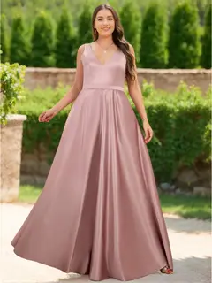 A-Line/Princess V-Neck Sleeveless Floor-Length Satin Plus Size Bridesmaid Dresses — view 1