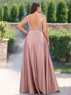 A-Line/Princess V-Neck Sleeveless Floor-Length Satin Plus Size Bridesmaid Dresses — view 2