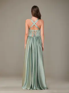 A-Line/Princess Sweetheart Sleeveless Floor-Length Silk Satin Bridesmaid Dresses with Pleated & Split Side — view 2