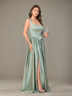 A-Line/Princess Sweetheart Sleeveless Floor-Length Silk Satin Bridesmaid Dresses with Pleated & Split Side — view 3