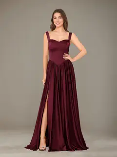 A-Line/Princess Sweetheart Sleeveless Floor-Length Silk Satin Bridesmaid Dresses with Pleated & Split Side — view 7