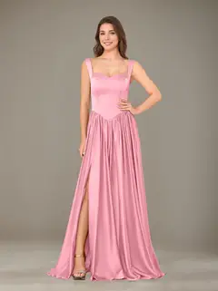 A-Line/Princess Sweetheart Sleeveless Floor-Length Silk Satin Bridesmaid Dresses with Pleated & Split Side — view 8