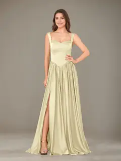 A-Line/Princess Sweetheart Sleeveless Floor-Length Silk Satin Bridesmaid Dresses with Pleated & Split Side — view 9
