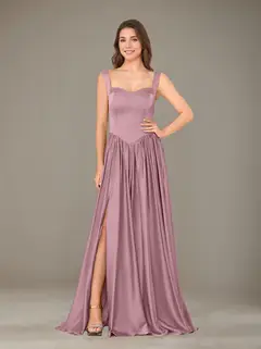 A-Line/Princess Sweetheart Sleeveless Floor-Length Silk Satin Bridesmaid Dresses with Pleated & Split Side — view 17