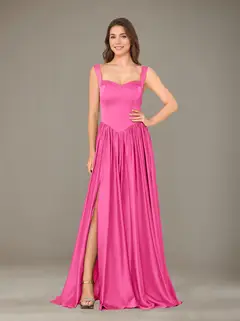 A-Line/Princess Sweetheart Sleeveless Floor-Length Silk Satin Bridesmaid Dresses with Pleated & Split Side — view 19