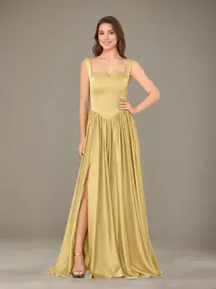 A-Line/Princess Sweetheart Sleeveless Floor-Length Silk Satin Bridesmaid Dresses with Pleated & Split Side — view 20