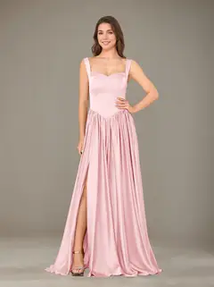A-Line/Princess Sweetheart Sleeveless Floor-Length Silk Satin Bridesmaid Dresses with Pleated & Split Side — view 23