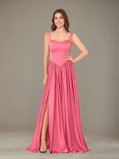A-Line/Princess Sweetheart Sleeveless Floor-Length Silk Satin Bridesmaid Dresses with Pleated & Split Side — view 28