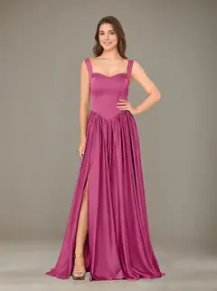 A-Line/Princess Sweetheart Sleeveless Floor-Length Silk Satin Bridesmaid Dresses with Pleated & Split Side — view 32