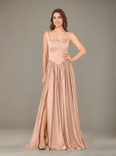 A-Line/Princess Sweetheart Sleeveless Floor-Length Silk Satin Bridesmaid Dresses with Pleated & Split Side — view 33