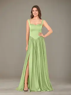 A-Line/Princess Sweetheart Sleeveless Floor-Length Silk Satin Bridesmaid Dresses with Pleated & Split Side — view 39