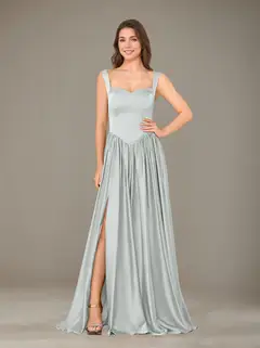 A-Line/Princess Sweetheart Sleeveless Floor-Length Silk Satin Bridesmaid Dresses with Pleated & Split Side — view 40