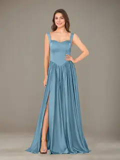 A-Line/Princess Sweetheart Sleeveless Floor-Length Silk Satin Bridesmaid Dresses with Pleated & Split Side — view 43