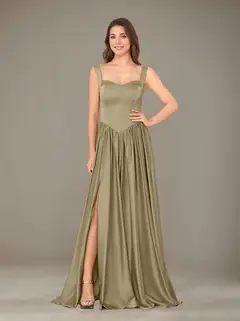 A-Line/Princess Sweetheart Sleeveless Floor-Length Silk Satin Bridesmaid Dresses with Pleated & Split Side — view 44