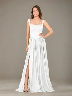 A-Line/Princess Sweetheart Sleeveless Floor-Length Silk Satin Bridesmaid Dresses with Pleated & Split Side — view 46