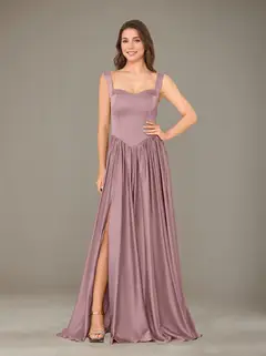 A-Line/Princess Sweetheart Sleeveless Floor-Length Silk Satin Bridesmaid Dresses with Pleated & Split Side — view 47