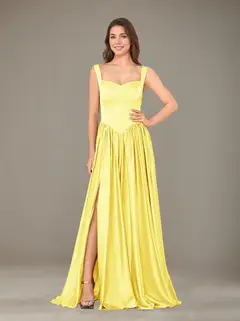 A-Line/Princess Sweetheart Sleeveless Floor-Length Silk Satin Bridesmaid Dresses with Pleated & Split Side — view 48