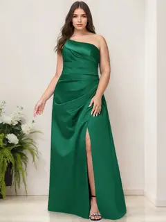 A-Line/Princess One-Shoulder Sleeveless Floor-Length Stretch Satin Plus Size Bridesmaid Dress With Ruffles & Split Side — view 1