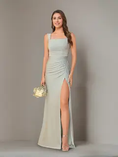Sheath/Column Square Neck Sleeveless Floor-Length Bridesmaid Dresses with Ruffles & Split Side — view 1