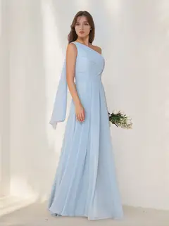 A-Line/Princess One-Shoulder Sleeveless Floor-Length Chiffon Bridesmaid Dresses with Watteau Train — view 3