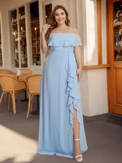 A-Line/Princess Spaghetti Straps Off-the-Shoulder Chiffon Plus Size Bridesmaid Dresses with Split Side — view 1