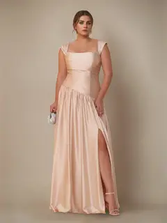 A-Line/Princess Off-the-Shoulder Sleeveless Floor-Length Silk Satin Plus Size Bridesmaid Dresses with Pleated & Split Si — view 1