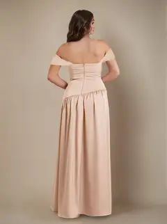 A-Line/Princess Off-the-Shoulder Sleeveless Floor-Length Silk Satin Plus Size Bridesmaid Dresses with Pleated & Split Si — view 2