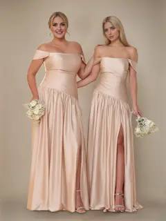 A-Line/Princess Off-the-Shoulder Sleeveless Floor-Length Silk Satin Plus Size Bridesmaid Dresses with Pleated & Split Si — view 3