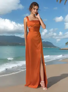 A-Line/Princess Square Neck Sleeveless Floor-Length Silk Satin Bridesmaid Dresses with Split Side — view 1
