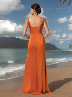 A-Line/Princess Square Neck Sleeveless Floor-Length Silk Satin Bridesmaid Dresses with Split Side — view 2