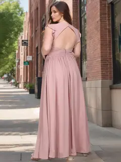 A-Line/Princess V-Neck Short Sleeves Floor-Length Plus Size Bridesmaid Dresses with Ruffles — view 2