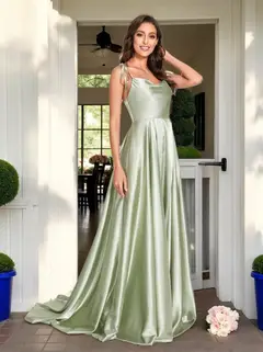 A-Line/Princess Spaghetti Straps Sleeveless Floor-Length Bridemaid Dresses with Split Side — view 1