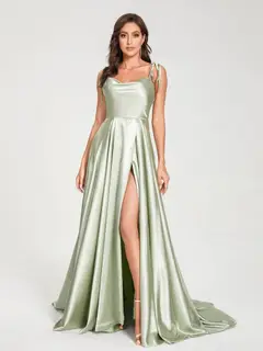 A-Line/Princess Spaghetti Straps Sleeveless Floor-Length Bridemaid Dresses with Split Side — view 4