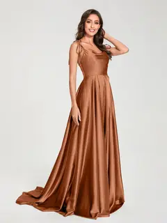 A-Line/Princess Spaghetti Straps Sleeveless Floor-Length Bridemaid Dresses with Split Side — view 9
