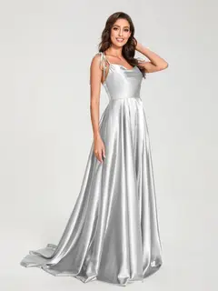 A-Line/Princess Spaghetti Straps Sleeveless Floor-Length Bridemaid Dresses with Split Side — view 17