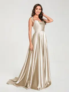 A-Line/Princess Spaghetti Straps Sleeveless Floor-Length Bridemaid Dresses with Split Side — view 19