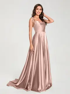 A-Line/Princess Spaghetti Straps Sleeveless Floor-Length Bridemaid Dresses with Split Side — view 26