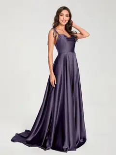 A-Line/Princess Spaghetti Straps Sleeveless Floor-Length Bridemaid Dresses with Split Side — view 35