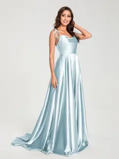 A-Line/Princess Spaghetti Straps Sleeveless Floor-Length Bridemaid Dresses with Split Side — view 37