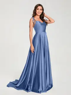 A-Line/Princess Spaghetti Straps Sleeveless Floor-Length Bridemaid Dresses with Split Side — view 41