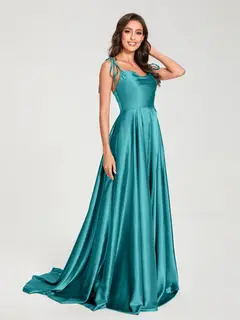 A-Line/Princess Spaghetti Straps Sleeveless Floor-Length Bridemaid Dresses with Split Side — view 42