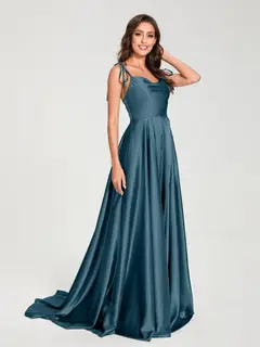 A-Line/Princess Spaghetti Straps Sleeveless Floor-Length Bridemaid Dresses with Split Side — view 45