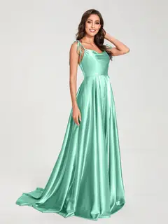 A-Line/Princess Spaghetti Straps Sleeveless Floor-Length Bridemaid Dresses with Split Side — view 48