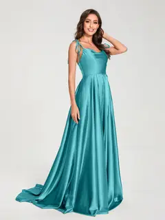 A-Line/Princess Spaghetti Straps Sleeveless Floor-Length Bridemaid Dresses with Split Side — view 49