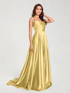 A-Line/Princess Spaghetti Straps Sleeveless Floor-Length Bridemaid Dresses with Split Side — view 54