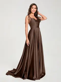 A-Line/Princess Spaghetti Straps Sleeveless Floor-Length Bridemaid Dresses with Split Side — view 58