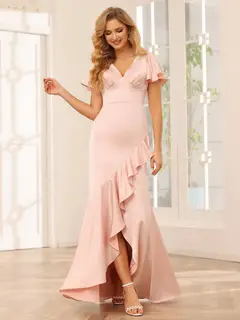 Sheath/Column V-Neck Short Sleeves Asymmetrical Bridesmaid Dresses with Ruffles — view 5
