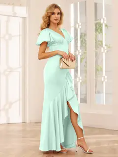 Sheath/Column V-Neck Short Sleeves Asymmetrical Bridesmaid Dresses with Ruffles — view 48