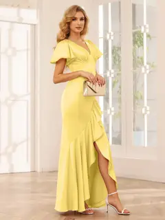 Sheath/Column V-Neck Short Sleeves Asymmetrical Bridesmaid Dresses with Ruffles — view 54
